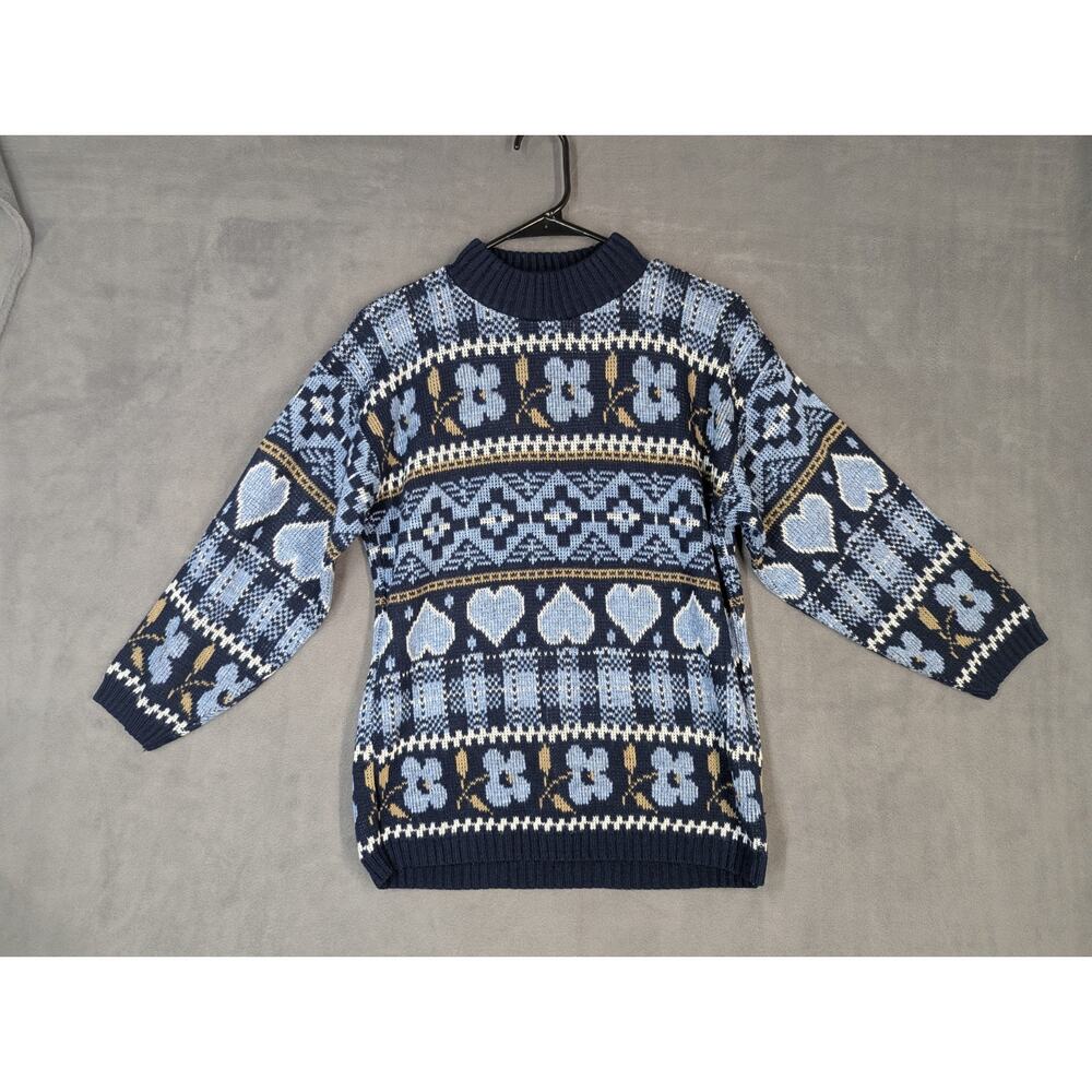 Adele Knitwear Sweater Womens Medium Blue Hearts Floral Vintage